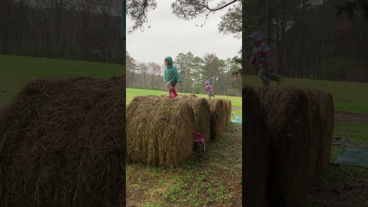 Farm Fun! Jumping on hay bales is fun in any weather #newnormfarm #farmlifebestlife #homestead