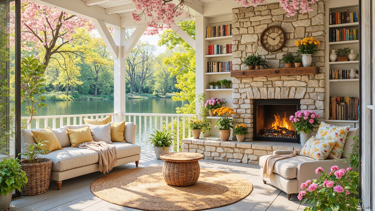 Cozy Spring Porch Ambience 🌿 Relaxing Piano Music with Crackling Fireplace for Stress Relief