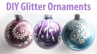 DIY Painted Glitter Ornaments  Step by Step glitter ornament tutorial with 4 designs included