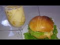 My kinda snacks chicken burger with refreshing mango drinks