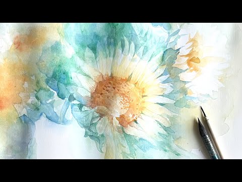 水彩画]花瓶の向日葵を透明水彩で描く/watercolor painting of