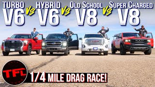 Trucks Gone Wild  Ford vs Chevy vs Ram vs Toyota Quarter Mile Drag Race  Winner takes All!