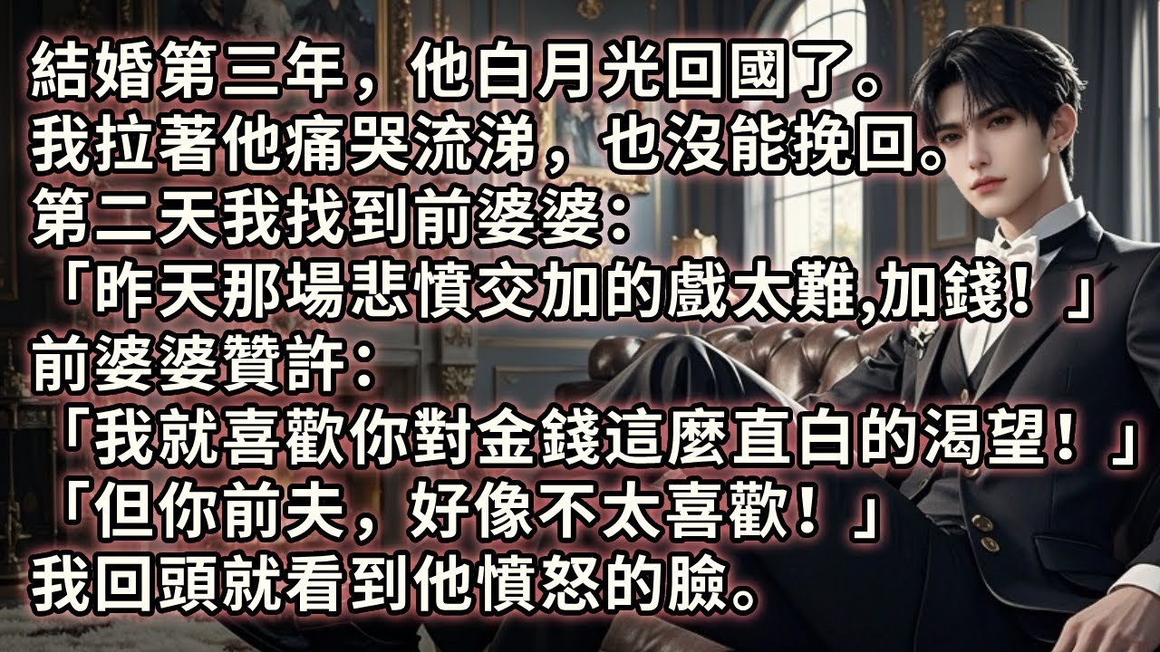 結婚三年，他白月光回國。我拉著他痛哭流涕也沒能挽回。第二天我找到前婆婆：「昨天那場悲憤交加的戲太難，加錢！」前婆婆：「我就喜歡你對金錢這麼直白的渴望！但你前夫，好像不太喜歡！」我回頭就看到他憤怒的臉