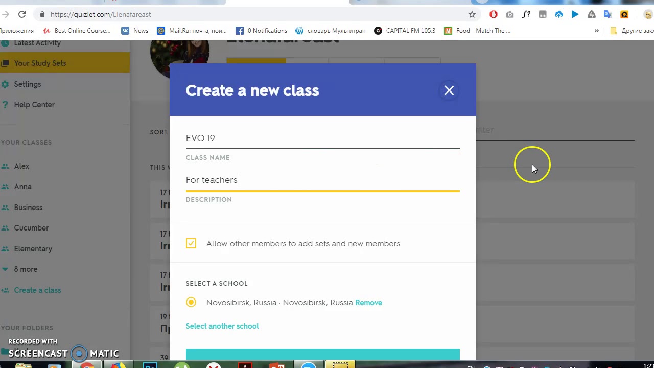 Quizlet create a class