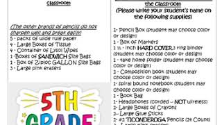Woodcrest  ES Supply List [5th Grade]