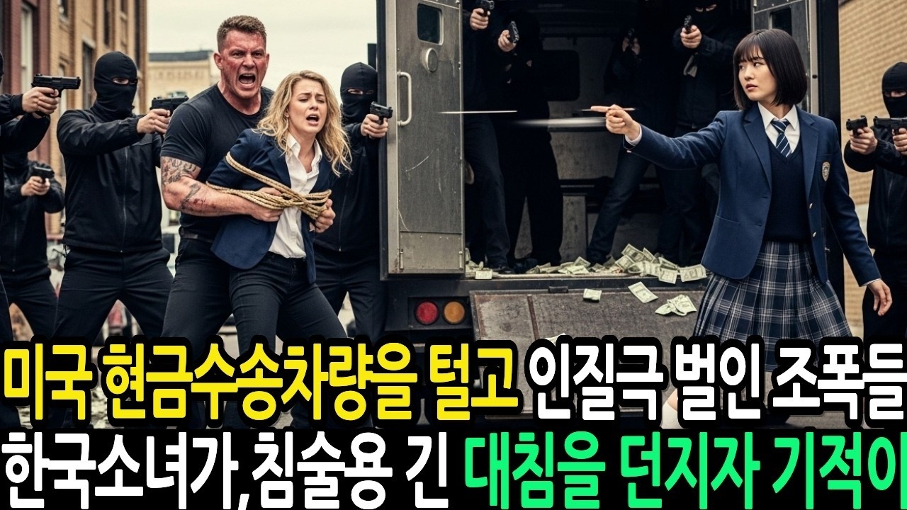 미국 현금수송차량을 털던 조폭들 한국소녀가,대침을 쥐고 던지자 기적이 일어나는데
