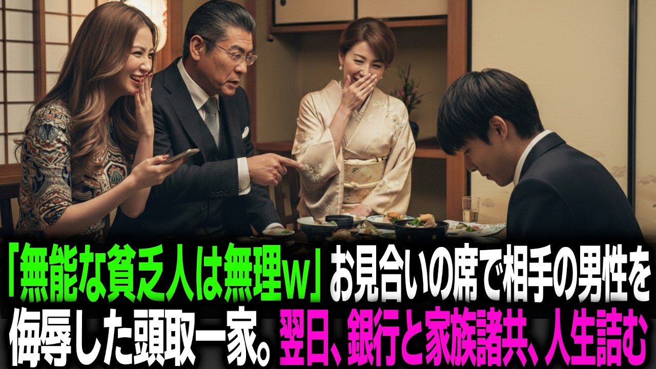 「無能な貧乏人は無理w」お見合いの席で施設育ちの男性を見下す大手銀行の頭取の娘とその両親。「口座解約します」相手家族「はーい！」翌日、銀行と家族諸共、詰む
