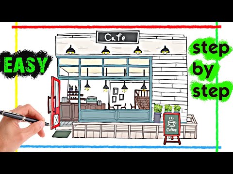 How To Draw a  Cafe / Coffee Shop in One Point Perspective Step By Step