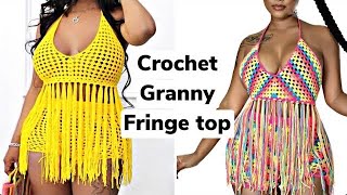 Easy crochet granny striped fringe halter top/ Pinterest inspired crochet top screenshot 5