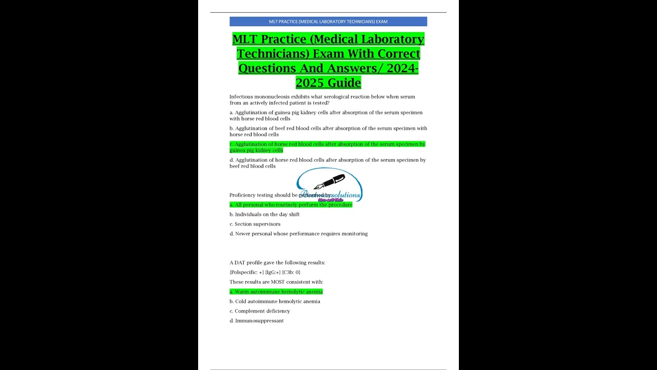 MLT Practice Medical Laboratory Technicians Exam With Correct Questions And Answers Guide