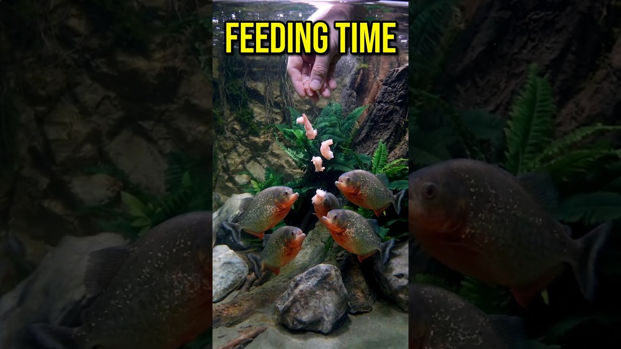 Feeding raw shrimp to piranha  #aquarium