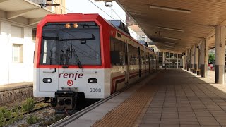 Unidad 3808 con la nueva decoración de Renfe Cercanías AM efectuando su salida de Santander