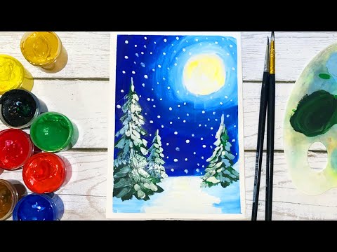 Как Нарисовать Красивый Зимний Пейзаж Гуашью. Пошаговый Урок Рисования