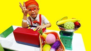 Indoor Playground with Baby and brother pretend play fruits shopping &amp; cooking - Nusery rhymes songs