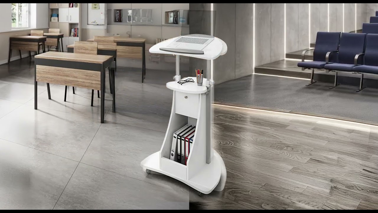 TECHNI MOBILI | Sit-to-Stand Rolling Adjustable Laptop Cart With Storage | RTA B005-WHT