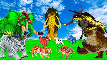 5 Giant Mammoth Elephant Vs Giant Monster Vs 5 Giant Lion Tiger Attack Cow Saved By Woolly Mammoth