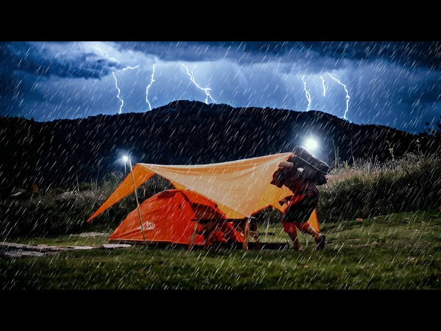 🎧 LIGHTNING & THUNDERSTORM till NIGHT ⚡relax in cozy tent (Solo Camping in Heavy Rain) class=