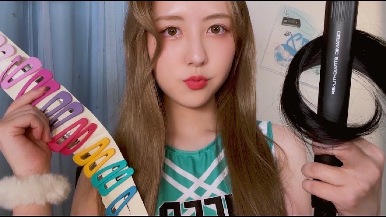 ASMR School cheerleader club bestie does ur hair styling! (hair brushing, curling iron, hairpin)