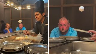 Hungry man is totally not impressed by Hibachi chef's egg tricks #shorts