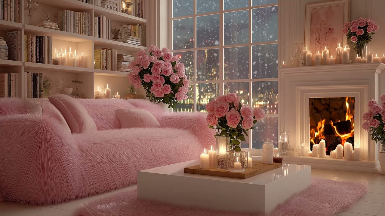 ❄️ Ambient Piano Music | Cozy Lounge with Candles & Snow Outside | 3 Hours Focus Study Relax Healing