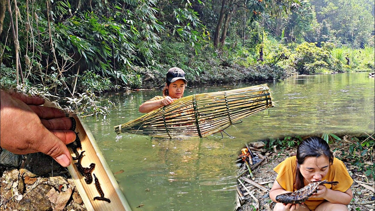 Living alone by the stream, using bamboo to knit cages to catch fish ...