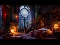 Nighttime thunderstorm in this cozy castle bedroom with rain and fireplace sounds to sleep deeply