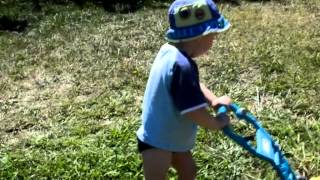 20150307 Toby mows the lawn