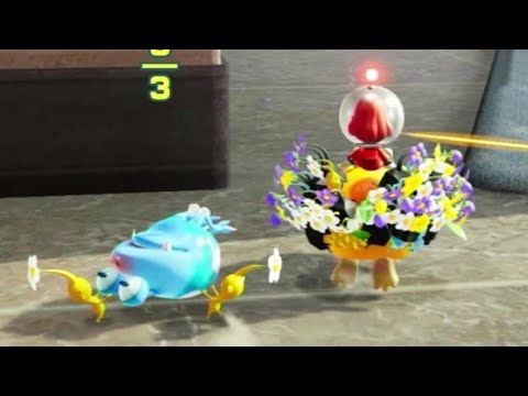 pikmin dragging a dwarf frosty bulborb back to the base in pikmin 4