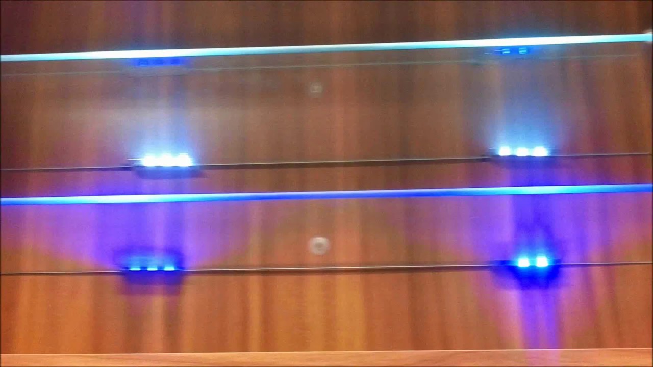 Blue led lights edge lit glass cabinet shelf backlighting / how to ... Regal tv stand photo