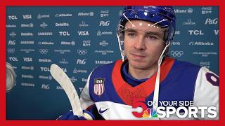 Clayton Keller reacts to Team USA's win 5-1 men's hockey win over Germany