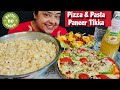 Cooking  eating veggie pizza paneer tikka white sauce pasta  no onion garlic mukbang
