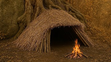 Building A Secret Warm Survival Shelter Under The Roots Of A Large Tree, Cozy Bushcraft Cave, ASMR