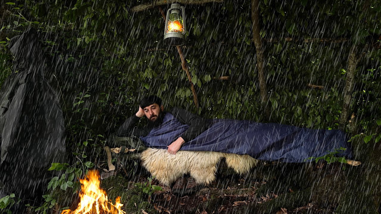 SOLO CAMPING • BUSHCRAFT SURVIVAL SHELTER IN THE RAIN • RELAXING NIGHT ...