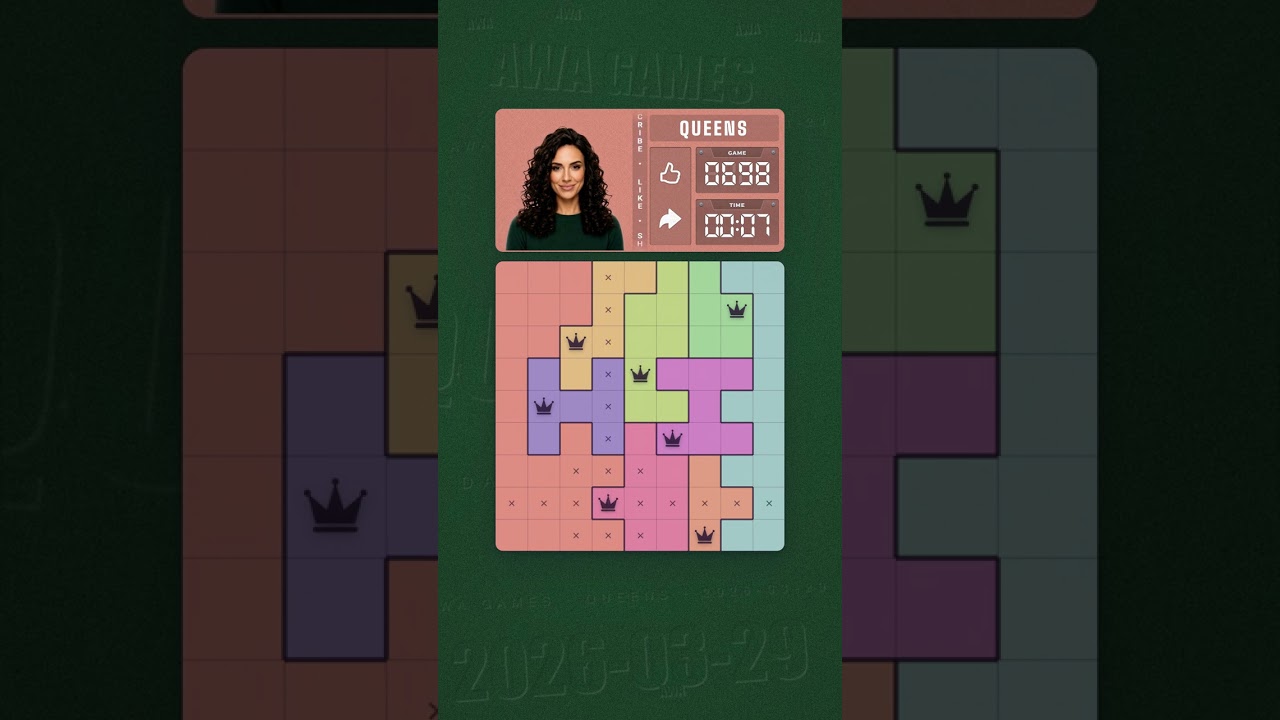 LinkedIn Queens #698 solved board for March 29, 2026, 9x9 grid