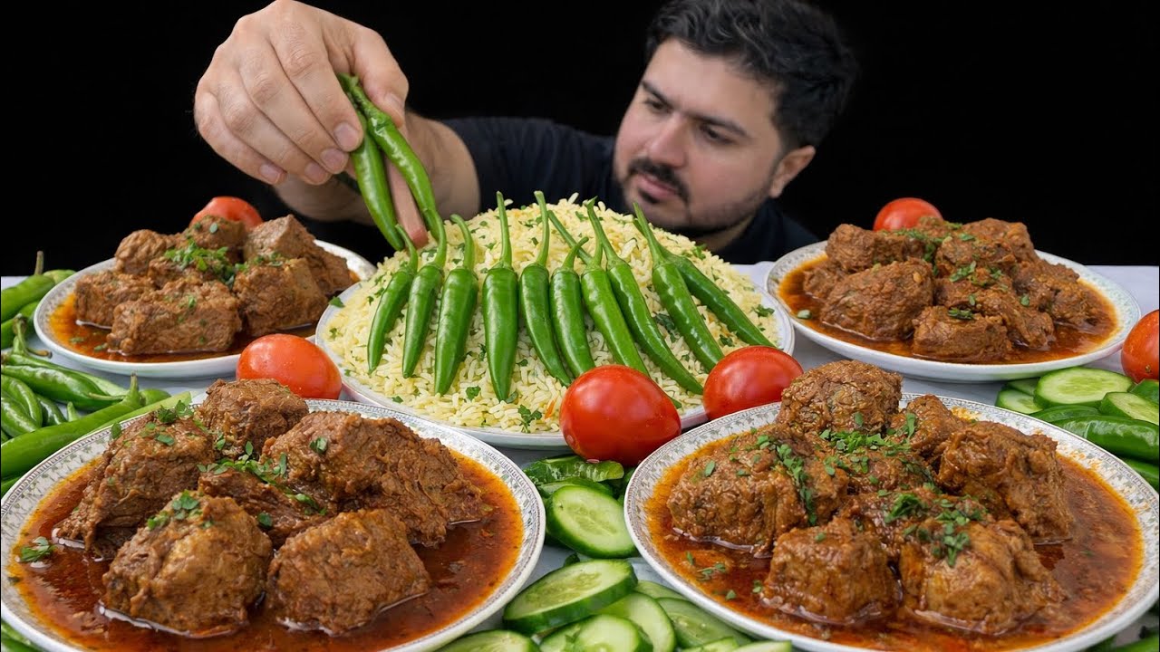 ASMR; Eating Spicy Boneless Lamb Curry+Egg Fried Rice+Green Chillies+Salad | Real Mukbang No Talking