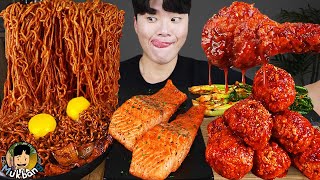 ASMR MUKBANG | Fried Chicken, steak, black bean noodles, kimchi Korean Food recipe ! eating