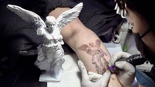 Tattoo Drawing of Goddess of Victory Statue. Korean Young Tattooist