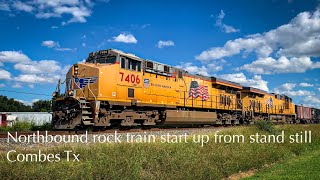 UP AC45CCTE 7406 North starts moving a rock train from a standstill in Combes Tx