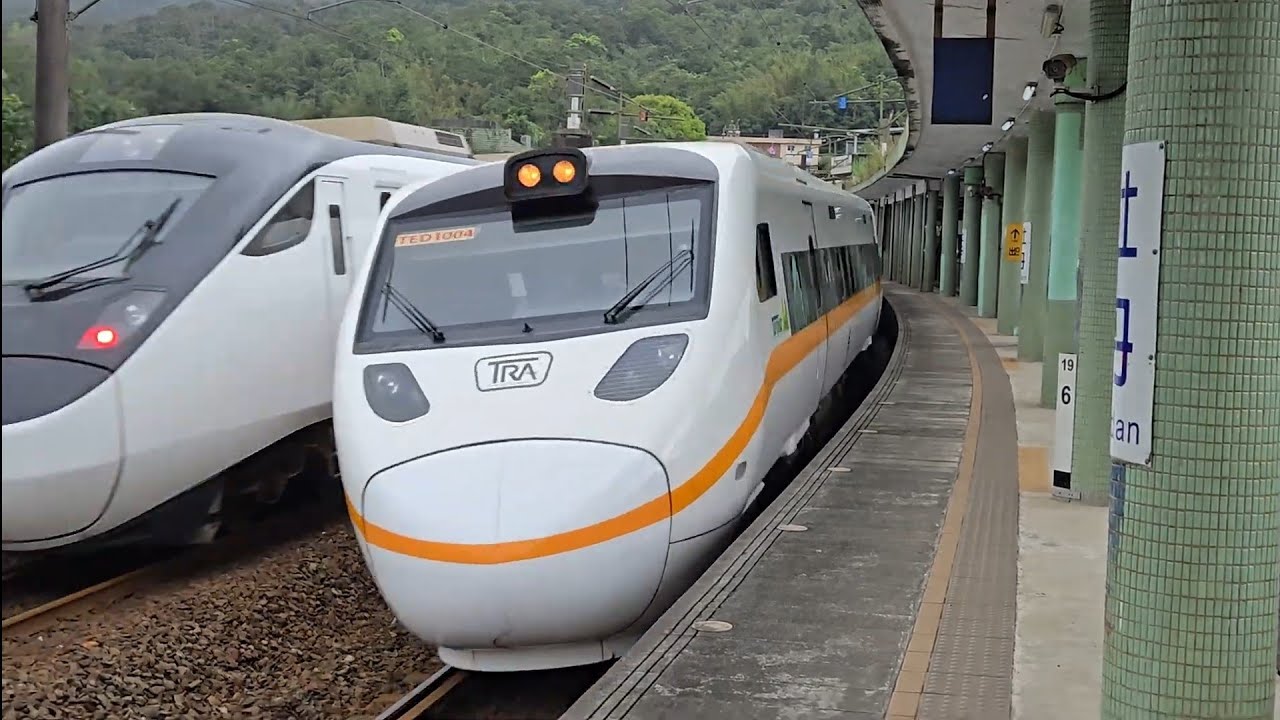 411次新左營開往樹林的EMU3000型十二輛編組EMU3011皮蛋豆腐騰雲號紅色帶新城際自強號列車，和218次樹林開往花蓮的TEMU1000型八輛二編組TEMU1004+TEMU1003太魯閣自強號