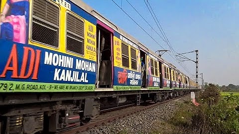 Aerodynamic Faced Colourful advertise Printed 12 Coach EMU Train Accelerate fast through a Curve