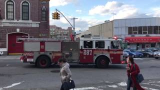FDNY ENGINE 287 RESPONDING FROM QUARTERS IN THE ELMHURST AREA OF QUEENS IN NEW YORK CITY.