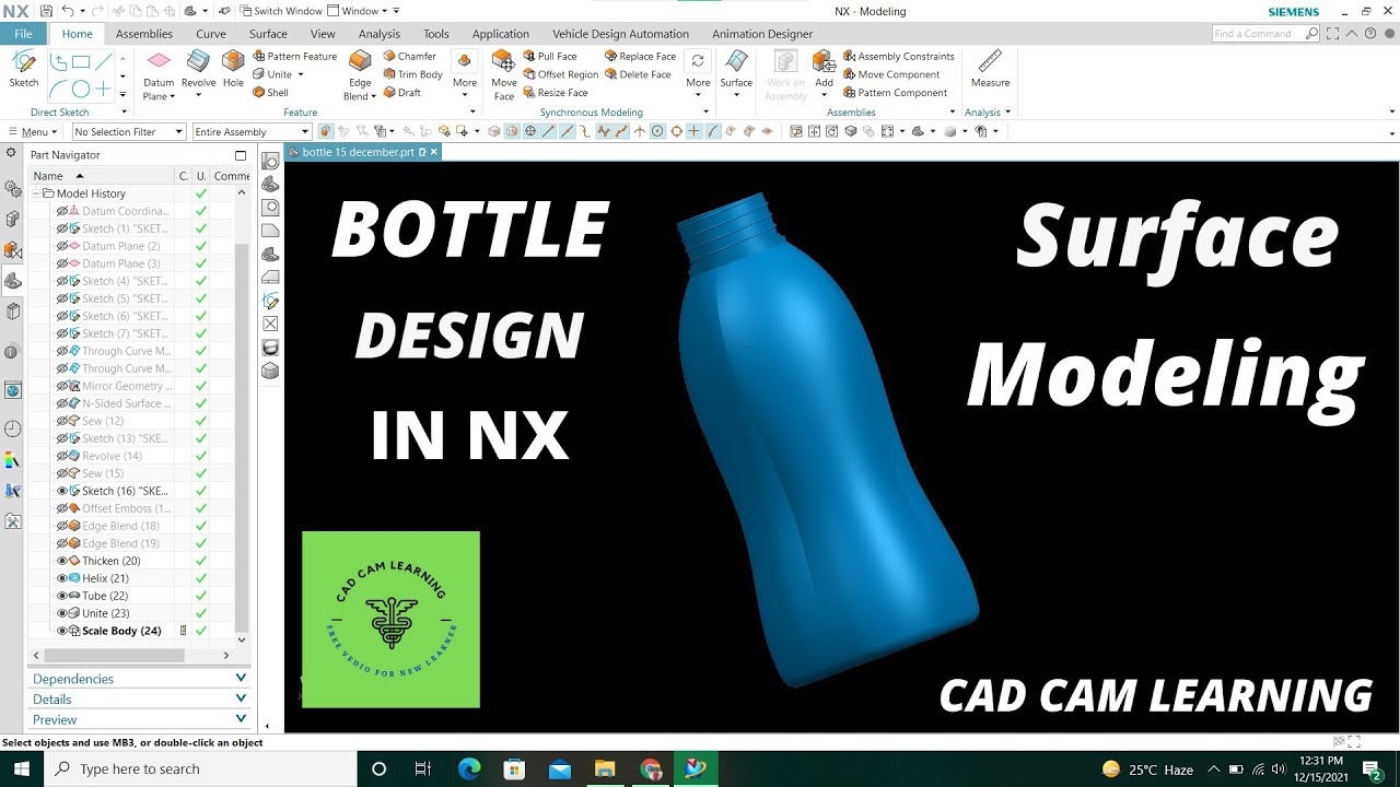 NX CAD | WATER BOTTLE | CAD CAM LEARNING - YouTube