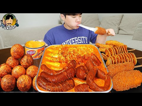 ASMR MUKBANG RICE CAKE Tteokbokki Fire Noodles Hot Dog Sausage Recipe Eating