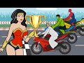 Wonder Woman vs Granny, Spider Man, Hulk - Motorbike Racing Field - Granny Parody Animation