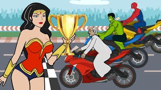 Wonder Woman vs Granny, Spider Man, Hulk - Motorbike Racing Field - Granny Parody Animation