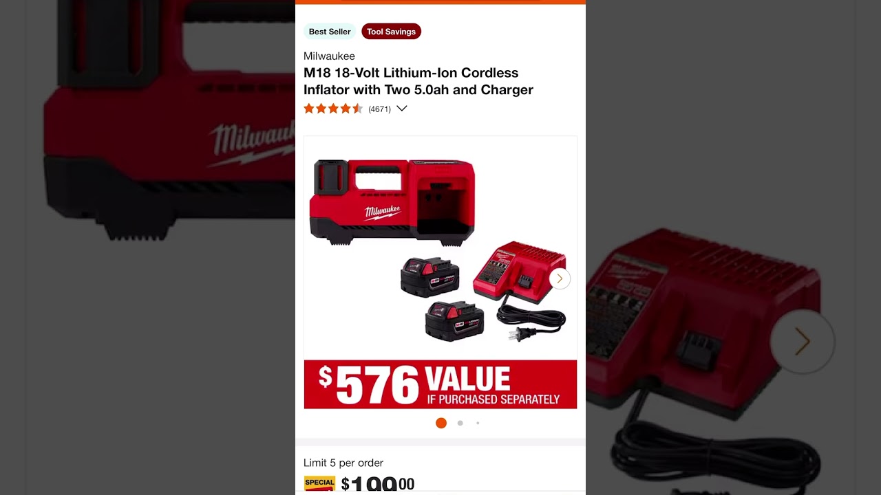 60 % off MilwaukeeM18 18-Volt Lithium-Ion Cordless Inflator with Two 5.0ah and Charger