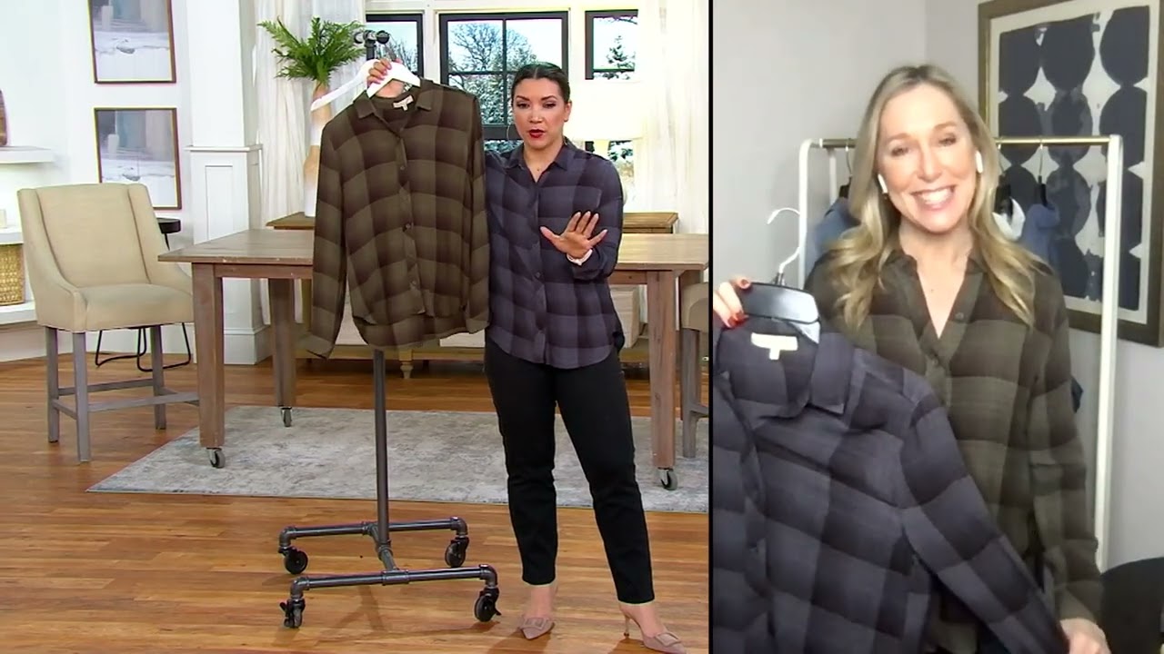Side Stitch Long Sleeve Plaid Button Down Top on QVC