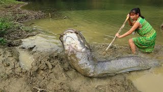 Primitive Life: Smart girl find catch catfish at river - cooking grilled fish delicious