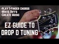 Easy Beginner Guitar Lesson on Drop D tuning - write riffs EZ 1 finger chords