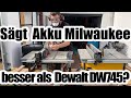 Test: Dewalt DW745 gegen Milwaukee M18FTS210 Akku-Tischkreissäge.